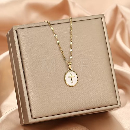 201 Stainless Steel Enamel Oval with Cross Pendant Necklaces FS-WG9DA99-02-1