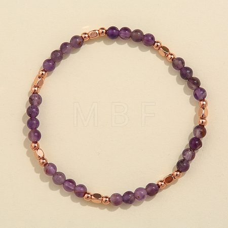 Natural Amethyst & Brass Bead Stretch Bracelets for Women HH3302-4-1