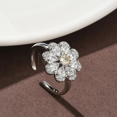 Flower Brass Micro Pave Cubic Zirconia Cuff Rings for Women RJEW-A069-01B-P-1