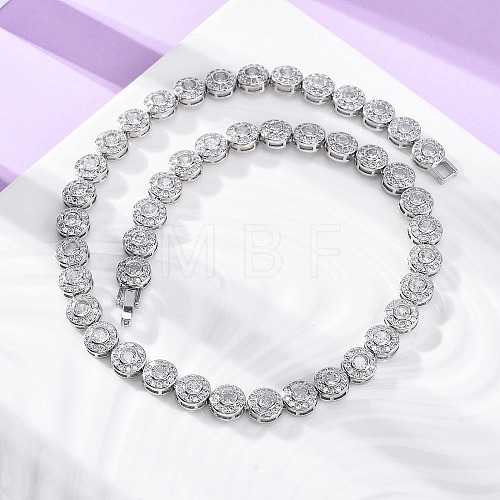 Brass Pave Clear Cubic Zirconia Flat Round Link Chain Necklaces for Women NJEW-A044-01P-1