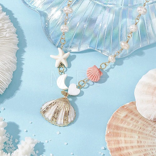 Summer Spray Paint & Electroplate Sea Shell Pendants Necklaces NJEW-JN05182-01-1