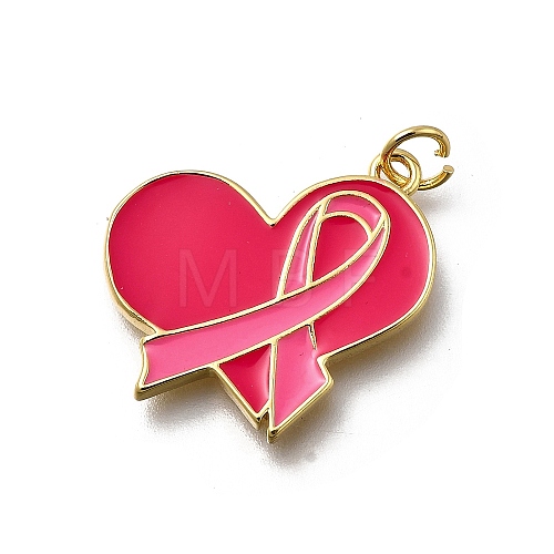 October Breast Cancer Pink Awareness Ribbon Brass Enamel Pendants KK-G525-10G-05-1