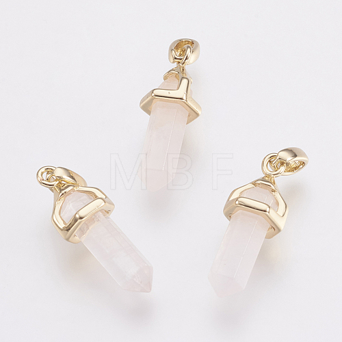 Brass Natural Rose Quartz Double Terminated Pointed Pendants KK-G343-11L-05G-1