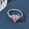 Adjustable Brass Finger Rings with Pink Heart Cubic Zirconia for Valentine's Day CU-CBA7E55-11P-2