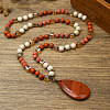 Natural Red Jasper Flat Teardrop Pendant Round Gems and Cube Glass Beaded Long Necklaces for Women FS-WG9FE58-05-1