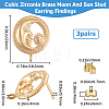 3 Pairs Brass Micro Pave Cubic Zirconia Moon with Flower Stud Earring Findings KK-BBC0007-96-2