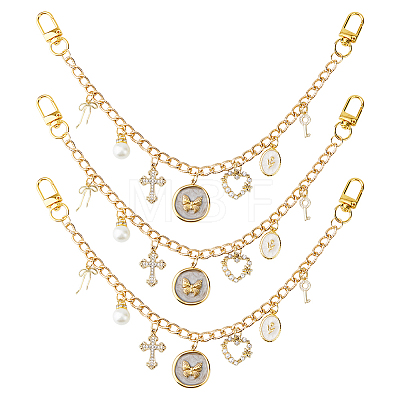 3Pcs Alloy Key Bowknot & Brass Micro Pave Cubic Zirconia Heart Pendant 304 Stainless Steel Bag Decorative Chains HJEW-HS00106-1