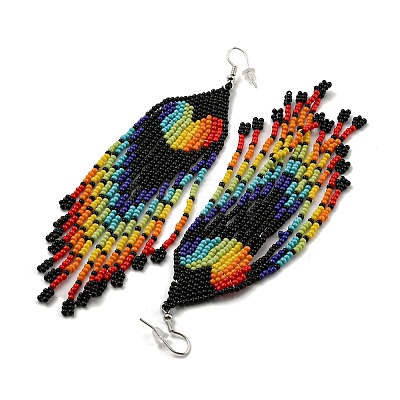 Boho Rainbow Color Seed Bead Heart Tassel Earrings EJEW-Q380-01B-1