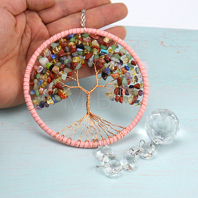 Tree of Life Mixed Gemstone Chip Suncatcher DJEW-PW0017-07-1