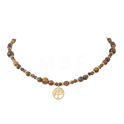 Tree of Life 304 Stainless Steel Pendant Natural Tiger Eye Round Beaded Necklaces NJEW-JN05712-1