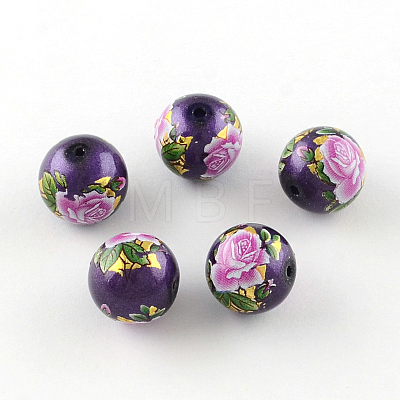 Rose Flower Pattern Printed Round Glass Beads GFB-R005-10mm-C01-1