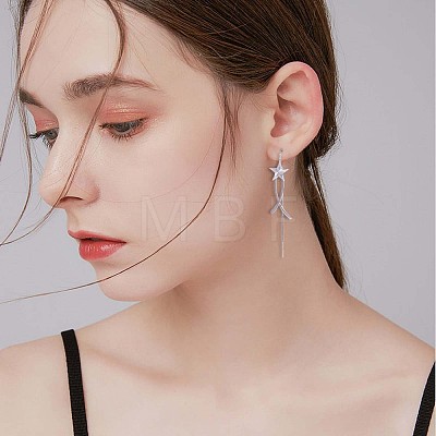 Anti-Tarnish Rhodium Plated 925 Sterling Silver Star with Chain Tassel Dangle Earrings JE1043A-1