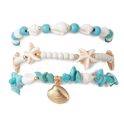 3Pcs 3 Styles Starfish Synthetic Magnesite & Turquoise Beaded Anklets AJEW-TA00030-1