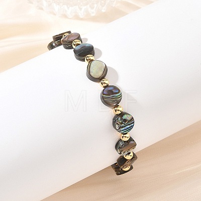 Natural Abalone Shell/Paua Shell Coin Beaded Stretch Bracelets with Round Brass Beads for Women BJEW-JB14169-1