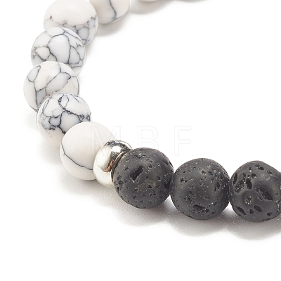 Synthetic Howlite & Natural Lava Rock Round Beaded Stretch Bracelet with Alloy Paw Print BJEW-JB07843-1