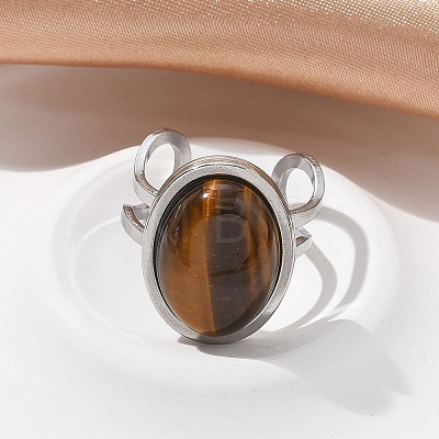 Oval Natural Tiger Eye Finger Rings RJEW-M062-02P-02-1