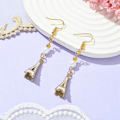 Alloy Enamel Eiffel Tower Dangle Earrings with Imitation Pearl Beaded EJEW-JE05422-01-1