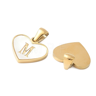 304 Stainless Steel Pave Natural White Shell Heart with Initial Slice Pendants STAS-R168-25G-M-1
