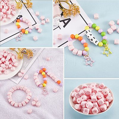 20Pcs Pink Cube Letter Silicone Beads 12x12x12mm Square Dice Alphabet Beads with 2mm Hole Spacer Loose Letter Beads for Bracelet Necklace Jewelry Making JX435G-1