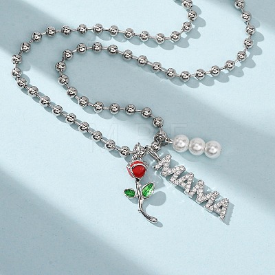 Mother's Day Brass Micro Pave Clear Cubic Zirconia Enamel Red Rose Flower Mama Pendant Necklaces for Women NJEW-A071-02P-1