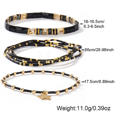 3Pcs 3 Styles Vintage Glass & Brass & Natural Stone Beaded Stretch Bracelet Sets for Women and Girls LF4427-1-1
