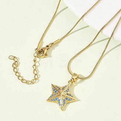 304 Stainless Steel Micro Pave Sky Blue Cubic Zirconia Pendant Necklaces for Women NJEW-Z103-01G-02-1