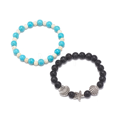 2Pcs 2 Style Natural Lava Rock & Synthetic Turquoise Round Beaded Stretch Bracelets Set BJEW-JB08585-1