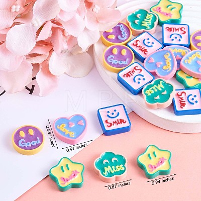 25Pcs Assorted smiling face Star Heart Slime Opaque Resin Cabochon Flatback Scrapbooking Embellishment with Smile Love Miss Luck Words Epoxy Slime Cabochon for DIY Crafts Scrapbooking Phone Case Decor JX283A-1