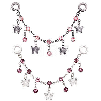 2Pcs 2 Colors Brass Burgundy Rhinestone European Safety Chains with Charms KK-BM0001-03-1
