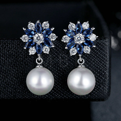 Platinum Plated Brass Flower Cubic Zirconia Stud Earrings EJEW-FF0002-08A-1