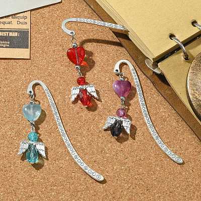3Pcs 3 Colors Glass Bead Heart Angel Bookmarks AJEW-JK00276-1