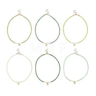 6Pcs 6 Colors Saint Patrick's Day Brass Clover Pendant Glass Seed Beaded Necklaces for Women NJEW-JN05642-1