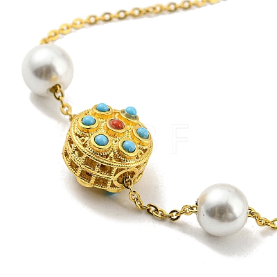 Brass with Synthetic Turquoise Flat Round Link Bracelet with Plastic Pearl Beaded BJEW-D030-05G-1