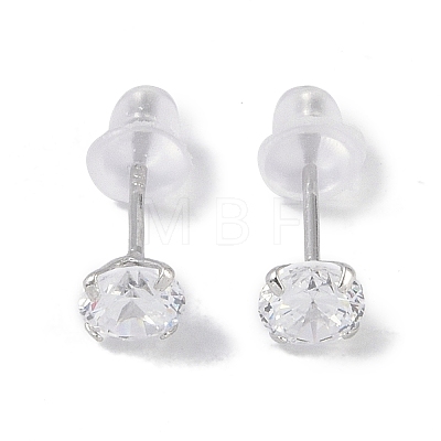 Rhodium Plated Diamond Shape 999 Sterling Silver Cubic Zirconia Stud Earrings for Women EJEW-S215-06P-1