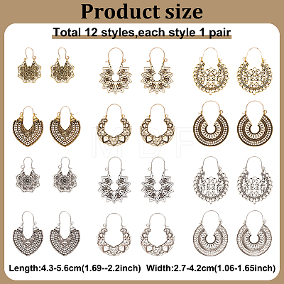 12 Pairs 12 Style Bohemia Hollow Out Heart & Flower & Teardrop & Flat Round Alloy Hoop Earrings EJEW-AN0003-37-1
