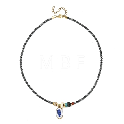 Printed 304 Stainless Steel Oval with Hand Pendant Synthetic Non-magnetic Hematite Round Beaded Necklaces NJEW-JN06690-1