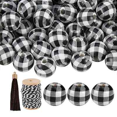 50Pcs Wooden Round Beads with Tartan Pattern sgDIY-SZ0003-11A-1