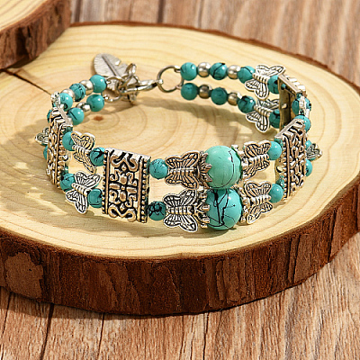 Synthetic Turquoise Beaded Double Layer Multi-strand Bracelet KL0970-1