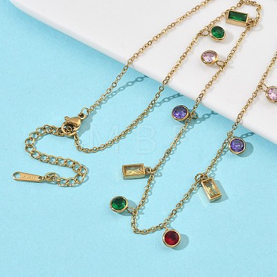 304 Stainless Steel Pave Colorful Cubic Zirconia Flat Round Rectangle Pendant Bib Necklaces NJEW-C114-03G-1