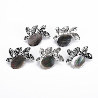 Natural Black Lip Shell Oval with Leaf Brooch PALLOY-Q438-001B-RS-1