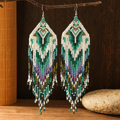 Bohemian Style Mint Green Geometric Glass Seed Beaded Tassel Earrings KD2972-1