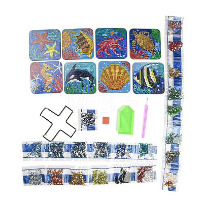 DIY Marine Animal Theme Diamond Painting Square Wood Cup Mat Kits DIY-H163-04-1