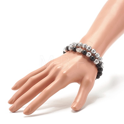 Round Natural Lava Rock & Synthetic Black Stone Beads Energy Power Stretch Bracelets Set BJEW-JB07174-1