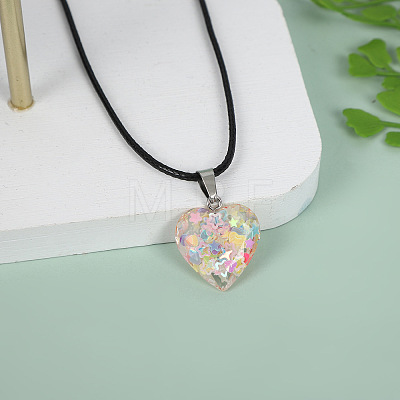 Luminous Heart with Paillette Inside Pendant Black Wax Cord Necklaces FS-WGF75A0-03-1