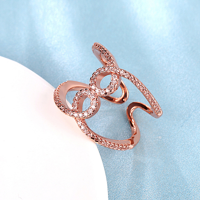 Adjustable Rose Gold Plated Brass Cubic Zirconia Cuff Wide Band Finger Rings RJEW-BB15319-1
