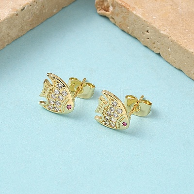 Fish Brass Micro Pave Clear Cubic Zirconia Stud Earrings EJEW-Z144-23G-1