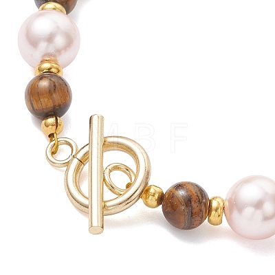 Shell Pearl & Natuarl Tiger Eye Round Beaded Bracelets for Women BJEW-JB12896-1