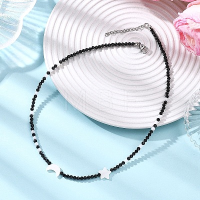 Natural Freshwater Shell Moon Star and Faceted Round Natural Black Spinel Beaded Necklaces for Women NJEW-JN05669-1