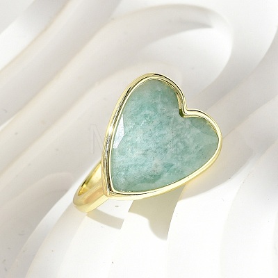 Heart Brass Natural Amazonite Finger Rings RJEW-D304-01G-E-1