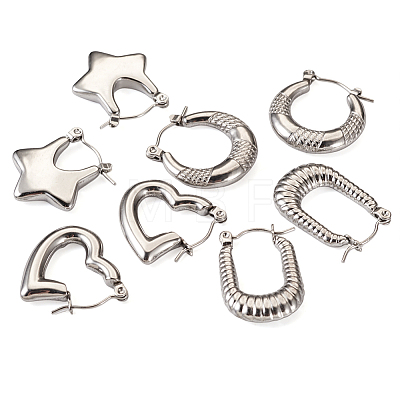 4 Pairs 4 Style Star & Rectangle & Heart & Croissant 304 Stainless Steel Hoop Earrings for Women EJEW-TA0001-17-1